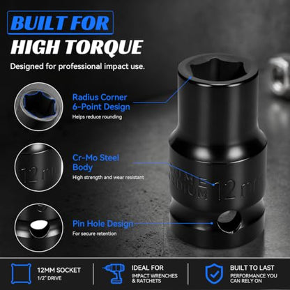 2PCS 12mm Impact Socket 1/2" Drive, 6 Point Metric Shallow Socket, CR-V Steel Heavy Duty Impact Wrench Socket for Automotive Repair - size: 12mm