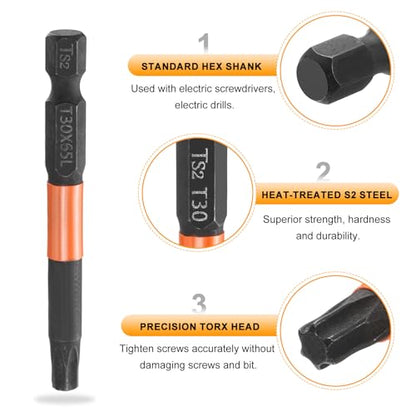 HARFINGTON 3pcs T30 Torx Head Screwdriver Bit 2.56" (65mm) Long 1/4" Hex Shank Magnetic No Hole Tamper Proof 6 Point Star Screw Driver Drill Bits Phosphate S2 Steel Industrial Power Tools - size: T30