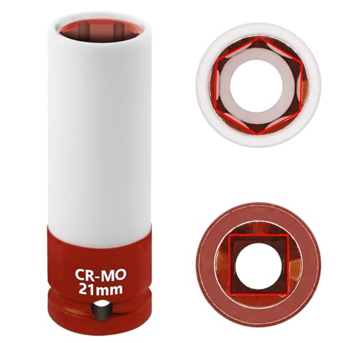 21mm 1/2"Drive Wheel Protector Impact Socket, Lug Nut Impact Socket | 6 Point, Non-Marring, Thin Wall, Deep Socket, Wheel Protector, Protective Socket, Color-Coded, Cr-Mo Steel, Hand Repair Tool - size: 21MM