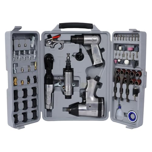 Complete Air Tool & Accessories Kit – Includes Impact Wrench, Air Ratchet, Die Grinder, Air Hammer, Hose Fittings, and Storage Case (71-Piece Silver) - color: 71-piece Silver
