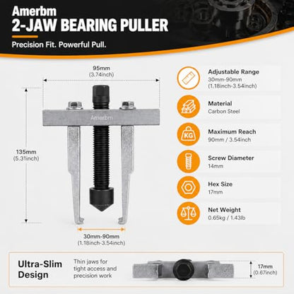 2 Jaw Bearing Puller 30mm-90mm Adjustable Gear Puller Tool - Heavy Duty Slim Leg Remover for Timing Chain, LS Crankshaft & Narrow Spaces - Compatible with 2000 GMC & Small Automotive Gears
