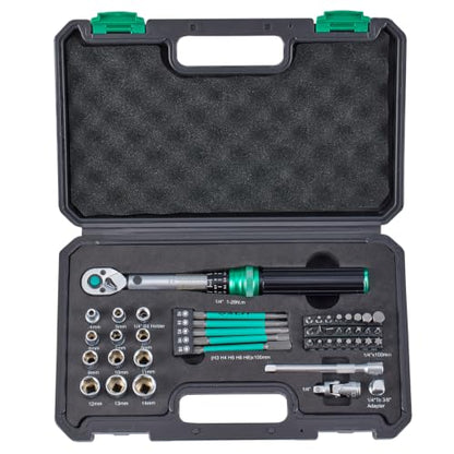 1/4" Bike Torque Wrench Set, 45 PCS Bicycle Click Torque Wrench and Bit Set, 8.8-221.2 in·lb/1-25 Nm, Dual-Direction Adjustable 72 Tooth Ratchet, ±3% Accuracy, Road/Mountain Bike Cycling Tool Kit - size: 45PCS (1-25 Nm)