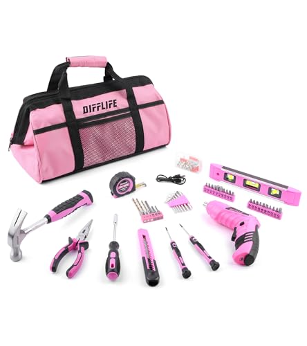 Pink Tool Set for Women, 126-Piece Lady's Power Screwdriver Cordless Rechargeable Set Home Repairing Tool Set with 13-Inch Wide Mouth Open Storage 126PCS 3.6V Electric Screwdriver Tool Bag - style: 126 Piece Pink