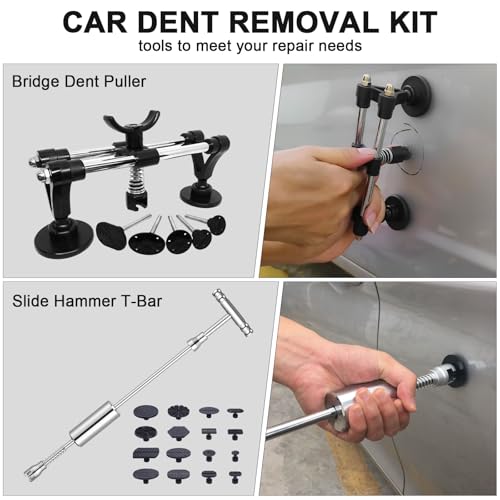 Dent Puller Kit - Paintless Dent Removal Kit, Dent Repair Kit with Slide Hammer T-Bar, Bridge Puller, Car Dent Puller Kit for Auto Hail Damage Door Ding 38 pcs (with Glue Set)