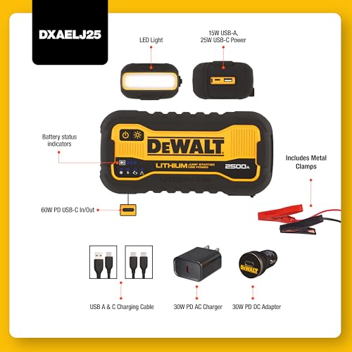 : DEWALT DXAELJ25 2500 Peak Amp Portable Lithium Jump Starter with USB-C (25W, 60W in/Out) and USB-A (15W) - size: 2500 Peak Amp