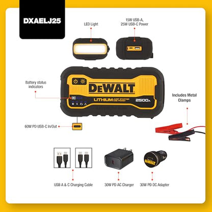: DEWALT DXAELJ25 2500 Peak Amp Portable Lithium Jump Starter with USB-C (25W, 60W in/Out) and USB-A (15W) - size: 2500 Peak Amp
