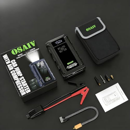 Jump Starter with Air Compressor, 3000A Car Battery Jump Box for 8.5 Gas/6.5L Diesel Vehicles, 150PSI Tire Inflator Auto-Shutoff, 10 Safety Modes, 3-Mode Emergency Light