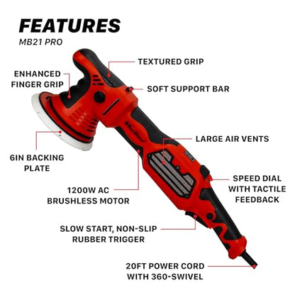 Maxshine MB21 Pro Brushless DA Polisher – 21mm Long Throw Car Buffer with 6” Backing Plate, 1200W Motor, 5/16”-24 Thread & 6-Speed Control – Auto Detailing Tool for Cars, Trucks, SUVs & Boats - color: 6" Brushless Dual Action