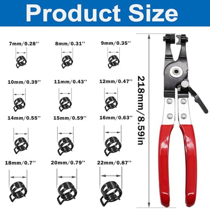 Tnisesm 121Pcs 6-22mm Spring Hose Clamp Assortment Kits with Swivel Flat Band Fuel Hose Clamp Plier, Silicone Vacuum Hose Action Pipe Clamp Low Pressure Air Clip Clamp Hoses Clamps sleeving(Black) - size: 120Pcs-12 Sizes+Plier-BK