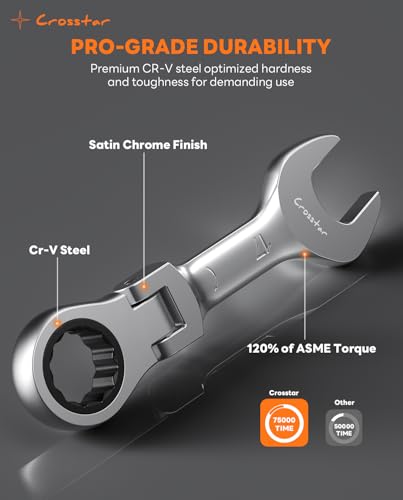 Crosstar 12-Piece Metric Stubby Flex-Head Ratcheting Combination Wrench Set with Rolling Pouch – 8-19mm, 90-Tooth, CR-V Steel, Compact Design for Tight Spaces