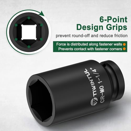 1-1/4" Deep Impact Socket 1/2 Inch Drive for Semi-Truck and Large Vehicle | CR-MO Steel Impact Socket, 3.07" Length, 6 Point Design, SAE Size, Axle Nut Socket for Easy Removal of Axle Shaft Nuts - size: 1-1/4" (Deep)