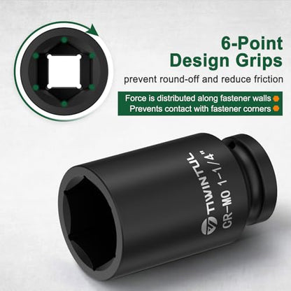 1-1/4" Deep Impact Socket 1/2 Inch Drive for Semi-Truck and Large Vehicle | CR-MO Steel Impact Socket, 3.07" Length, 6 Point Design, SAE Size, Axle Nut Socket for Easy Removal of Axle Shaft Nuts - size: 1-1/4" (Deep)