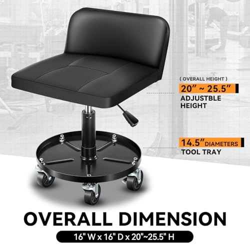 Auto Dynasty Universal Max 330 Lbs Stool Adjustable Mechanic Rolling Garage Padded Seat with Tool Tray Casters for Household Home Garage Warehouse Office, Black