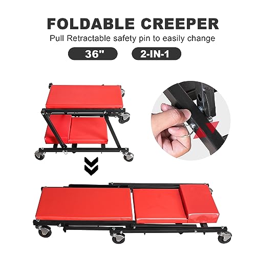 TCE 36" Rolling Foldable Automotive Creeper, 2-in-1 Garage Shop Creeper, Car Creeper,for Auto Repair, 300 Lbs Capacity, Red, TAM6505RU Torin