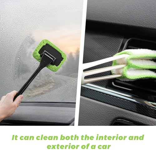 Car Windshield Cleaning Tool, Detachable Window Cleaner with Reusable Microfiber Pads & Spray Bottle, Glass Wiper Windshield Detailing Cleaning Kit for Most Cars Trucks SUVs