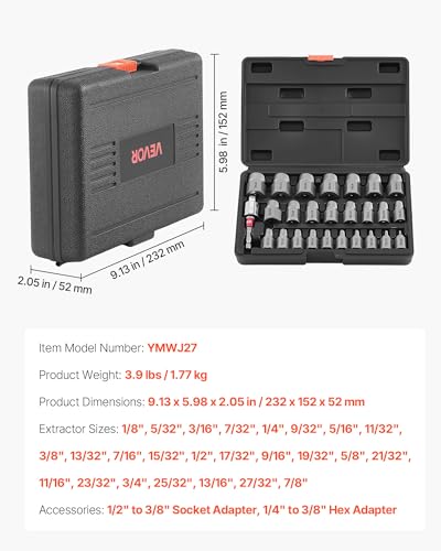 VEVOR 27Pcs Screw Extractor Set Hex Head Multi-Spline Easy Out Bolt Extractor Tool, CR-MO Steel Heavy Duty EZ Out Rounded Screw Remover, Adapters - size: 27 PCS