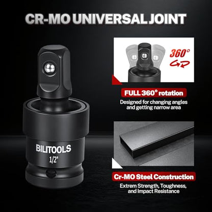 BILITOOLS 17-Piece Impact Socket Adapter Set with U-Joints & Reducers | Cr-V Adapters, Cr-Mo Joints. Black Phosphate, Corrosion Resistant. Spring Detent Lock. 1/4 3/8 1/2 inch Drive, EVA Foam Tray