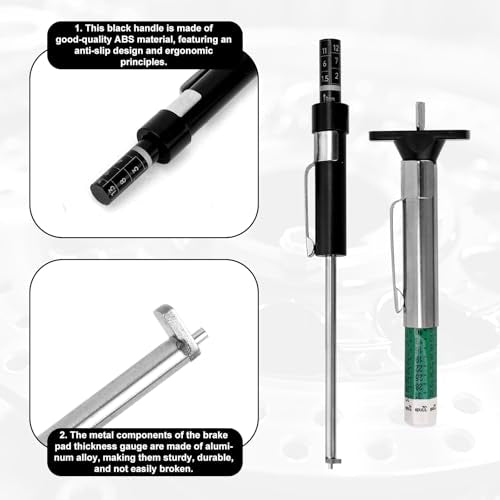 NQEUEPN Brake Pad Thickness Gauge Set, Tire Tread Depth Gauge & Valve Stem Caps Brake Pad Tester Measuring Tool with Scale for Internal & External Brakes Auto Maintenance Kit