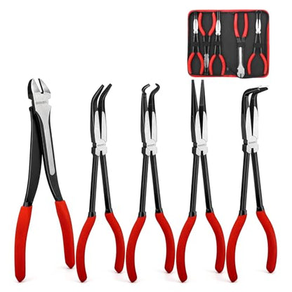 5PC 11" Long Reach Needle Nose Pliers Set | 5-piece 11" long reach needle nose pliers set with bent nose & hose gripper. 58HRC carbon steel for tight engine bays.