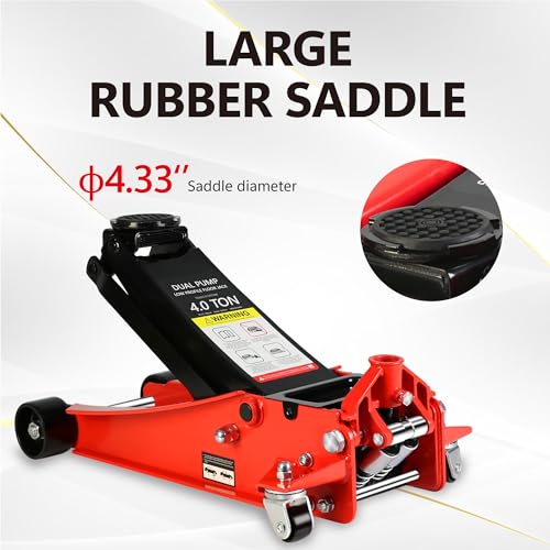 4T Low Profile Steel Floor Jack, 8000 lb, Dual Pump, 4"-21" Lift, Red | Heavy-duty steel, dual-piston quick lift, low profile, 4"-21" range, overload safety protection. - size: 4T Dual Pump 4"-21"(Red)