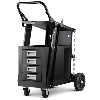 VEVOR Welding Cart, 2-Tier 4 Drawers Welder Cart with 265 LBS Weight Capacity, 360° Swivel Wheels, Tank Storage Safety Chains, Heavy Duty Rolling MIG Welder Cart for Mig Welder and Plasma Cutter