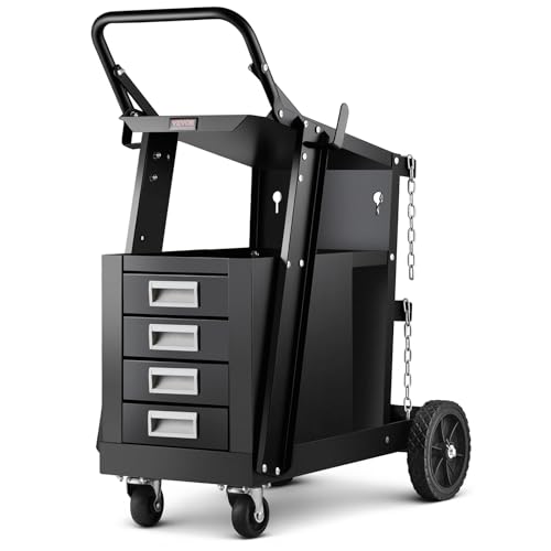 VEVOR Welding Cart, 2-Tier 4 Drawers Welder Cart with 265 LBS Weight Capacity, 360° Swivel Wheels, Tank Storage Safety Chains, Heavy Duty Rolling MIG Welder Cart for Mig Welder and Plasma Cutter