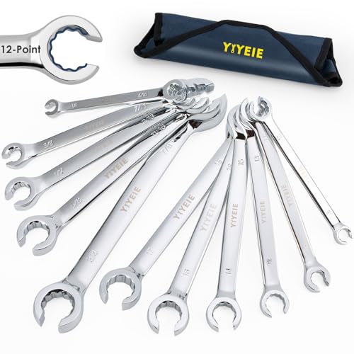 YIYEIE 12-Point Flare Nut Wrench Set Metric & SAE, 8mm-19mm & 1/4"-7/8", 11PCS Offset Line Wrench Set for Brake, Fuel and Tubing, CR-V Steel, Double Open End with Organizer Pouch for Removing Nuts - color: Metric & Sae 11pcs, size: 12-Point