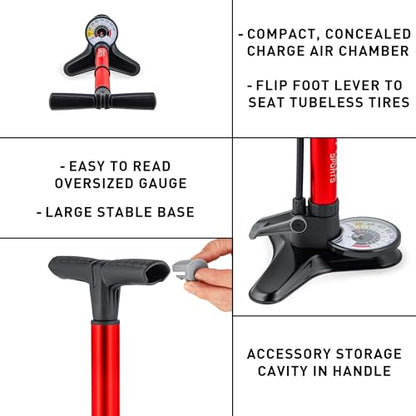 FEEDBACK SPORTS Pneuma CC Compact Charger Floor Pump for Tubeless Tires | Hidden air tank seats tubeless tires with a burst of air; oversized gauge, stable base and accessory storage included