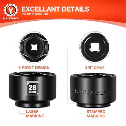 BLACKROBOT 28mm Low Profile Oil Filter Socket, 3/8" Drive 6-Point Oil Filter Cap Remover and Installer Tool, Chrome Vanadium Steel - size: 28mm