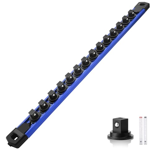 Reniteco Magnetic Socket Organizer, 3/8” Aluminum Alloy Rail, 14 Clips | Heavy-Duty Socket Rails, Removable 360° Swivel ABS Clips, Magnetic Base, Tool Box Drawer or Wall Mount - color: Blue, size: 3/8-inch Drive