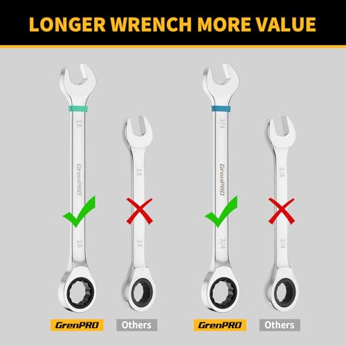 GRENPRO Ratchet Wrenches Set, 22Pcs 72-Tooth Combination Wrench Set with Roll up Pouch, SAE & Metric and Standard, 1/4" to 3/4" & 6mm to 18mm with Color Ring, CR-V Socket Mechanic Hand Tools Sets