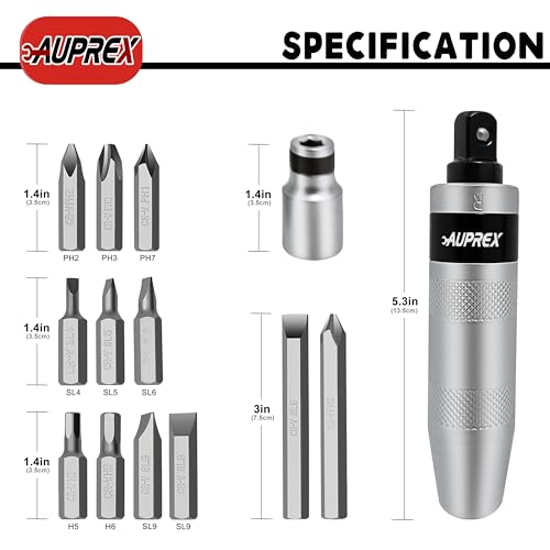 AUPREX Manual Impact Screwdriver, 1/2” Reversible Hand Impact Driver Set, Hammer Screwdriver with 12-Piece CR-V Slotted, Phillips, Hexagonal Bits Set for Removing Rusted Fasteners or Frozen Bolts