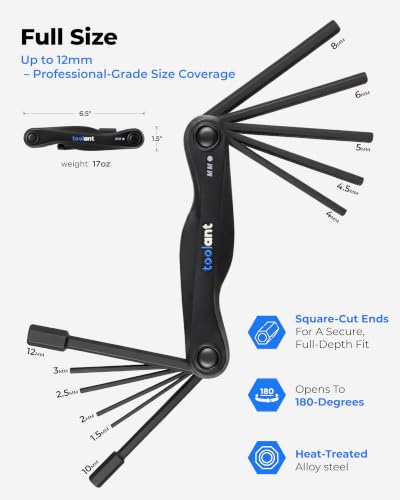 toolant 11PCS Long Arm Folding Allen Wrench Set, Metric Hex Key Set 1.5mm-12mm, Extended Reach Allen Key Set with 4 Inch Long Arms, CRV Steel Foldable Hex Wrench Tool for Bike Repair, Home & DIY - size: 11PCS（Folding ）-Metric