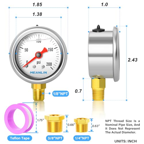 MEANLIN MEASURE 0~200Psi Stainless Steel 1/8" NPT 1.5" FACE DIAL, Glycerin Filled Pressure Gauge, Liquid Filled, Water Oil Air, Lower Mount, with 1/4" NPT and 3/8" NPT Hex Bushing - size: 0-200Psi