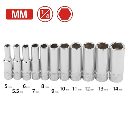 Ingersoll Rand 11 Piece 1/4-Inch Drive Metric Deep Socket Set, 6-Point, Size:5–14mm, Chrome Vanadium Steel, Mirror-Polish Finish, with Thermoform Organizer Tray – 752045X - size: 1/4 in. Drive Deep Socket Set, style: Metric