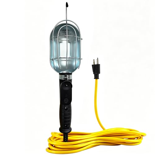 25 FT SJTW LED Trouble Light with 16 AWG/3 Extension Cord, Outlet, Metal Guard, Magnetic Base & Built-in Handle, UL Listed, Work Light for Construction & Mechanic, Bulb Not Included