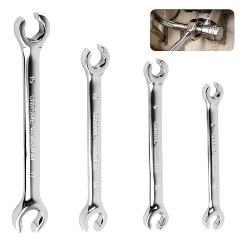 4PCS Brake Line Wrench Set (9x11mm 8x10mm 13x14mm 15x17mm),Offset Flare Nut Wrench Set for Plumbing Tight Confine Spaces,Professional Metric Flare Wrenches Sets as Car Repair Tool