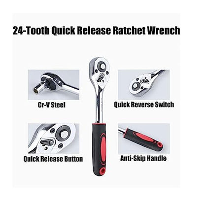 1/4” Ratchet Socket Wrench Set, Mechanic Tool Kit and Sockets Set with Quick Release Reversible Ratchet Handle and Extension Bar, 12 Pcs Set - size: 1/4” Drive 12Pcs