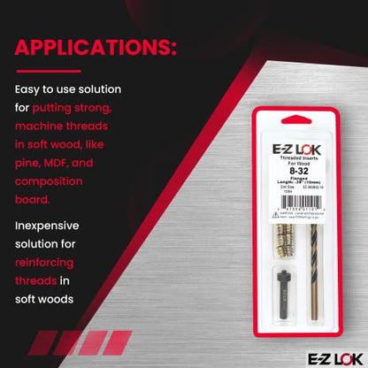 E-Z Hex Thread Repair Kit for Soft Wood Flanged Threaded Inserts 8-32 x 10mm, Drill, Installation Tool - size: 8-32 x 10mm, style: Flanged