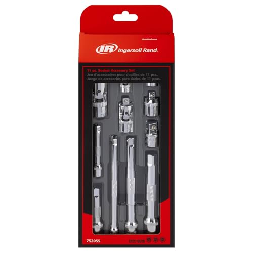 Ingersoll Rand 11-Piece Socket Accessory Set, Chrome Vanadium Steel, Includes U-Joints, Adapters & Extensions in 1/4", 3/8", 1/2" Drive, with Thermoform Organizer Tray – 752055X