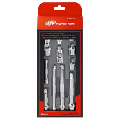 Ingersoll Rand 11-Piece Socket Accessory Set, Chrome Vanadium Steel, Includes U-Joints, Adapters & Extensions in 1/4", 3/8", 1/2" Drive, with Thermoform Organizer Tray – 752055X