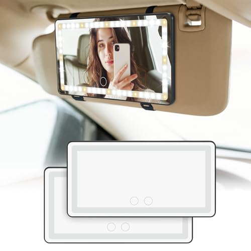 JOYTUTUS Car Sun Visor Vanity Mirror, Car Vanity Mirror With Lights, Makeup with 3 Light Modes & 60 LEDs, Rechargeable Dimmable Touch Control Travel Makeup for Truck SUV - color: Black 2Pack