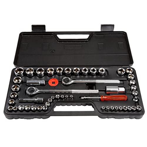 52-Piece Drive Socket Set - 1/4, 3/8 and 1/2 Sockets - SAE and Metric Tools for Mechanics, Craftsmen, and Homeowners - Tool Kit by Stalwart