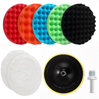 Marsui 9 Pcs Polishing Pads Kit 8 Inch Waffle Foam Buffing Pads 7 Inch Wool Pad Car Foam Buffing Sponge Pad Kit with 5/8 Inches Backing Plate for Car Waxing Polishing