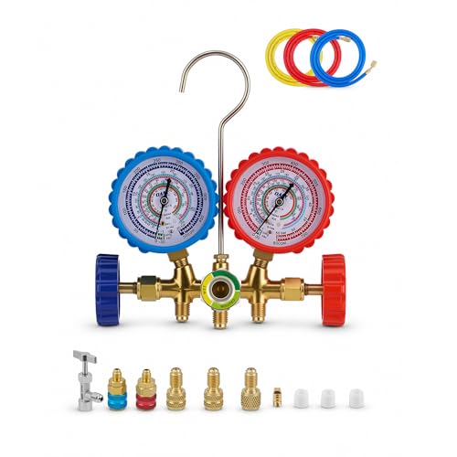 Orion Motor Tech AC Gauge Set, 3-Way AC Manifold Gauge Set for R134a R410A R404A R22 Refrigerant with 5ft Hoses, Automotive A/C Gauge with R134a Couplers Self-Sealing Can Tap R410A Adapter 29° Adapter - size: R134a R22 R410a R404a