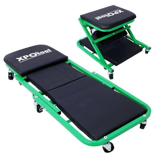 2 in 1 Z Garage Creeper, 300 lbs Load Capacity Rolling Folding 36"Mechanic Creeper Stool, with 6 Wheels Tool Tray Padded Seat Steel Frame, Lay Down or Sit Chair for Garage Shop or Home (Green) - color: Green