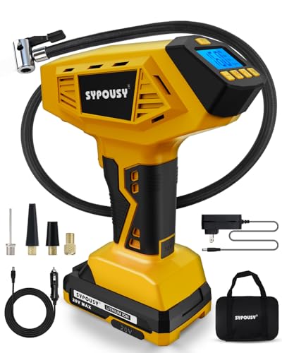 Tire Inflator Portable Air Compressor - 𝟒𝐗 Faster Inflation, 160PSI Cordless Tire Pump with Dual Power Rechargeable Battery & 12V Car power, Auto Shut Off, Digital Gauge for Car, Motorcycle, E-Bike - color: Yellow