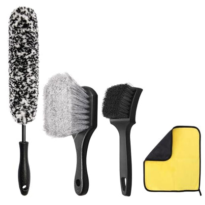 4PCS Wheel Tire Cleaning Kit 360 Flexible Scratch-Free Rim Brush | Dual-bristle tools & lint-free microfiber towel, compact portable multi-vehicle auto care holiday gift set