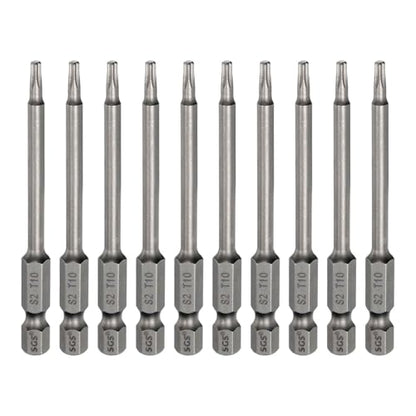 HARFINGTON 10pcs T10 Torx Head Screwdriver Bit 1/4" Hex Shank 3" (75mm) Long Magnetic No Hole Tip Tamper Proof 6 Point Star Screw Driver Drill Bits S2 Steel Industrial Power Screwdrivers - size: T10 x 3"