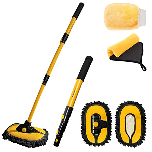 YeewayVeh Car Wash Brush Mop with Long Handle, Car Wash Kit with 2 Chenille Mop Heads, 15° Curved Extension Pole Scratch-Free Microfiber Mitt Sponge Car Cleaning Supplies Accessories, Yellow/Black - color: Yellow/Black, size: 4 pieces
